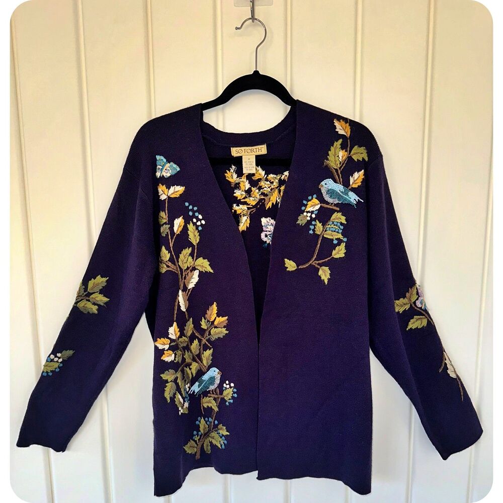 Womens Open-front Embroidered Cardigan Cottagecore 90's Floral w/ Birds